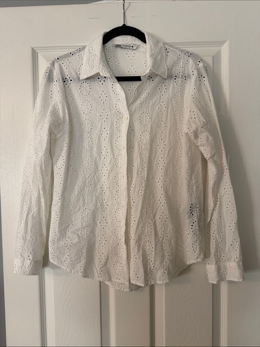 Zara White Eyelet Button-Down Shirt